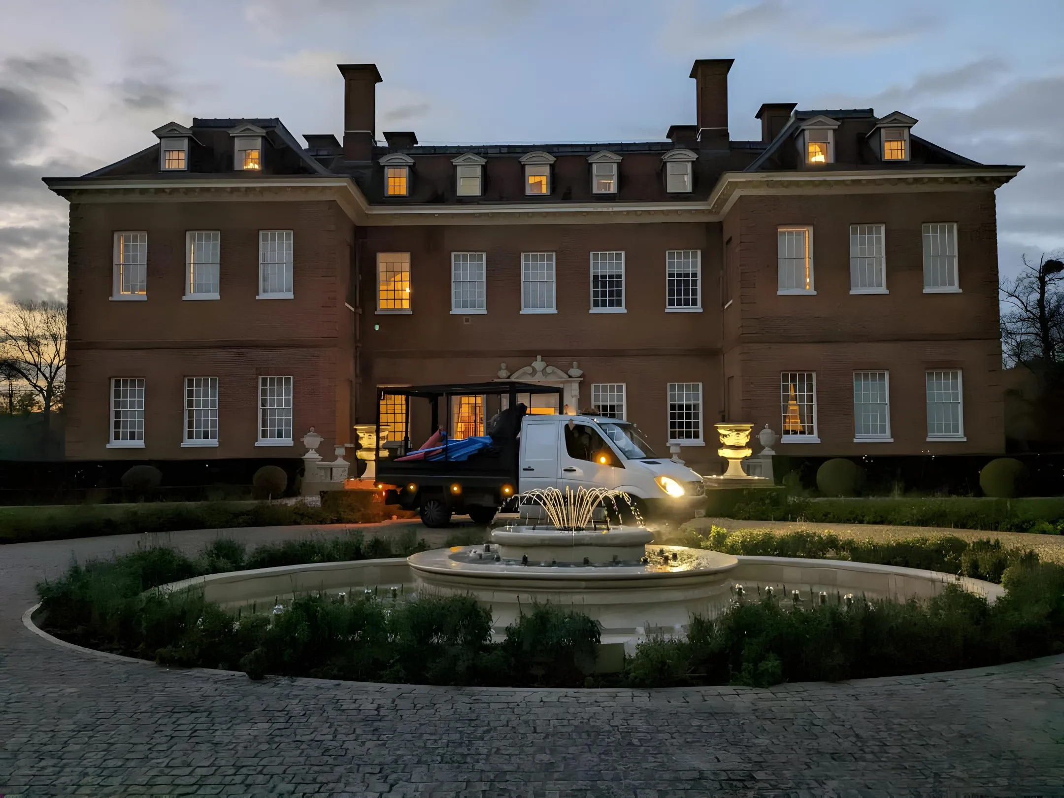 Caged van at a large country house at dusk