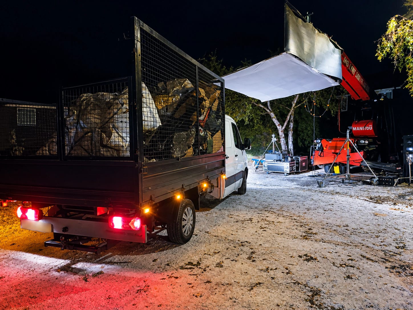 Night shoot on a London street with lights and fake snow